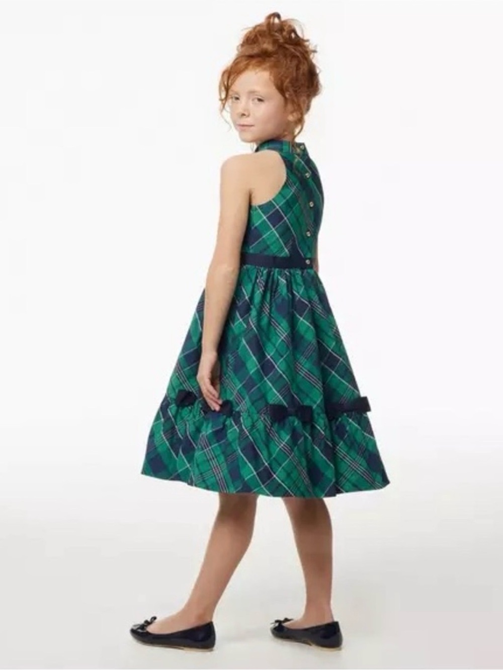Janie and Jack Plaid Bow Ferry Green Plaid Dress Size 7 Tartan Holiday Navy